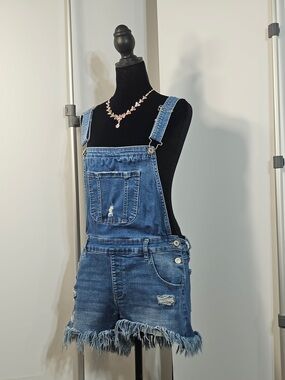#177 Women’s Size L Distressed Denim Short Overalls Frayed Hem Jean Shortalls